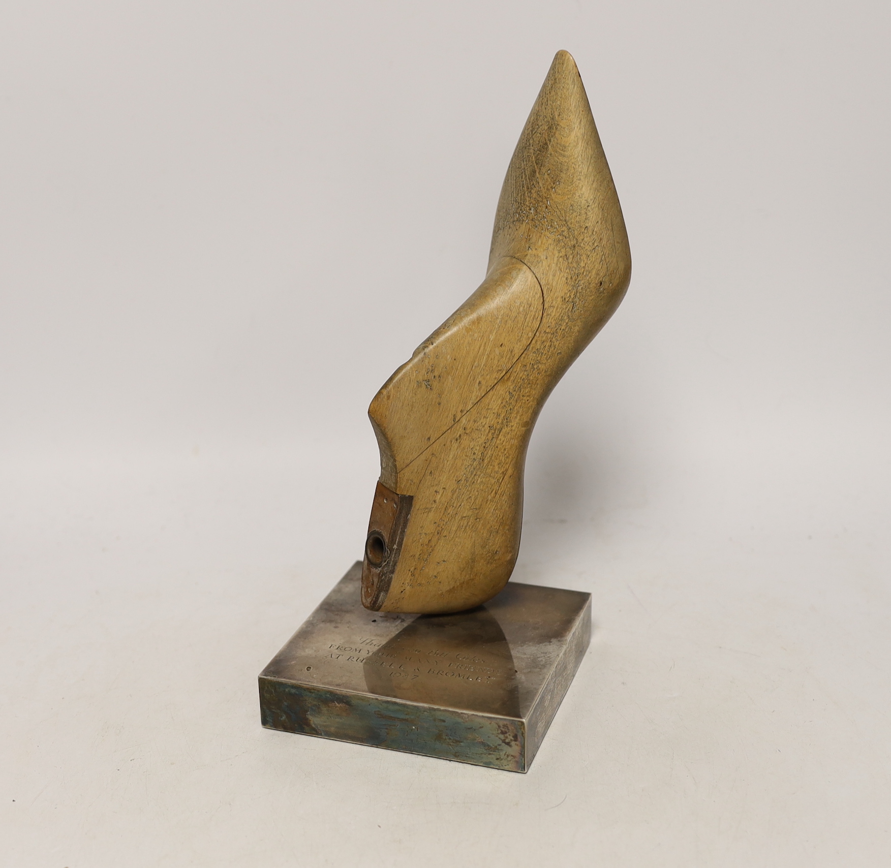 A silver mounted presentation shoe last 'Thank you Bill Giles from your many friends at Russell and Bromley 1987', 27cm